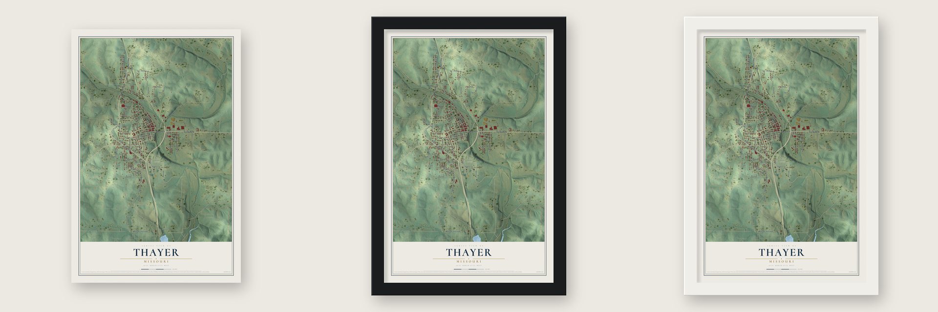Thayer, Missouri map unframed, in a black wood frame and in a white wood frame