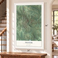 Thayer, Missouri map, 24 x 36 inch print in a white frame by a staircase