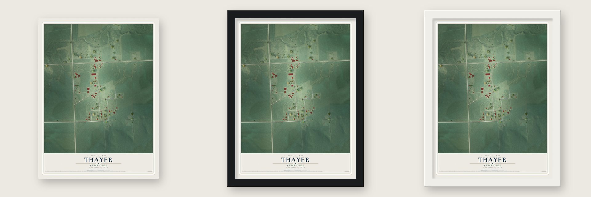 Thayer, Nebraska map unframed, in a black wood frame and in a white wood frame