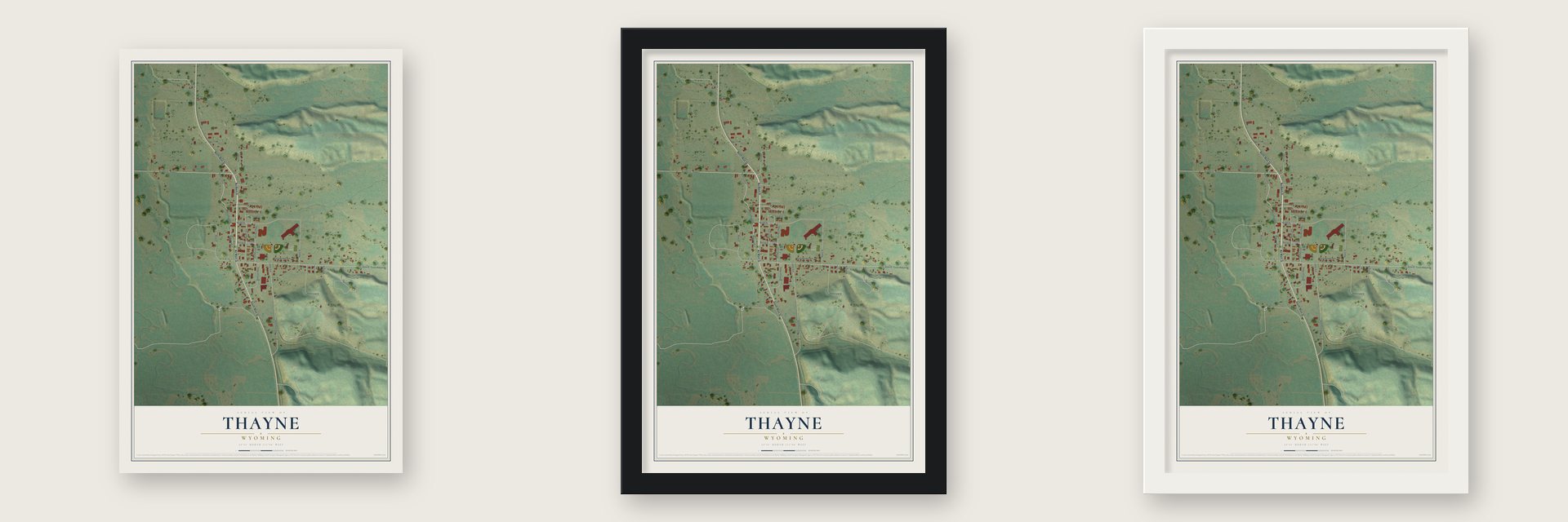 Thayne, Wyoming map unframed, in a black wood frame and in a white wood frame