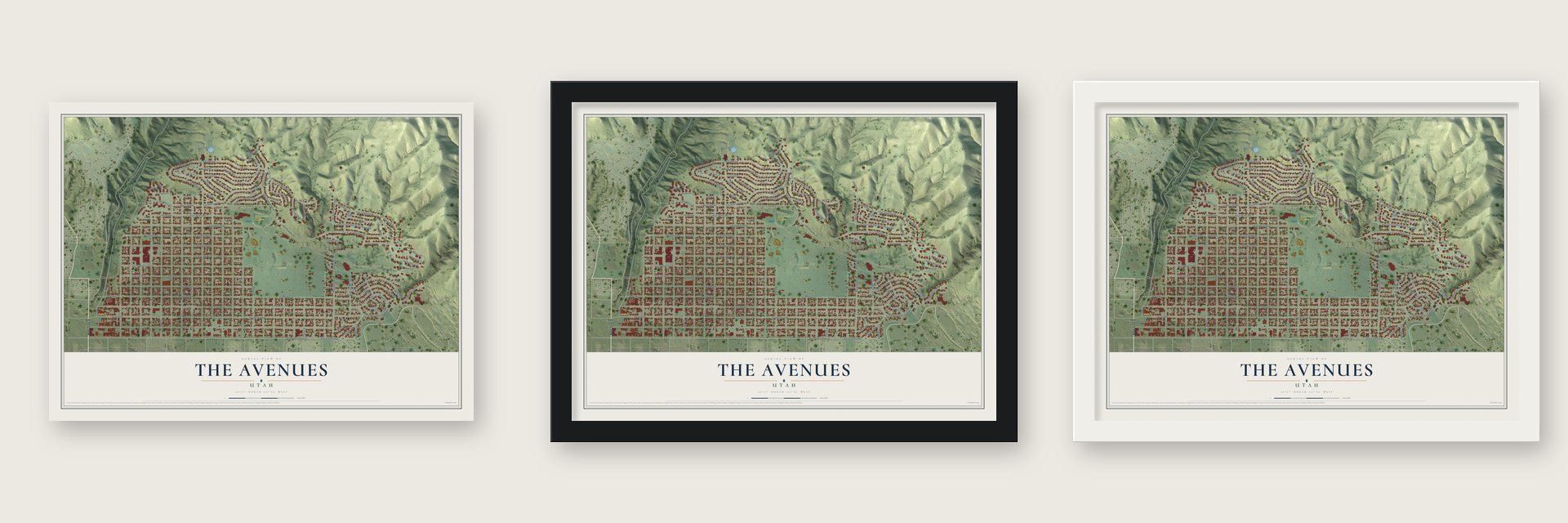 The Avenues, Utah map unframed, in a black wood frame and in a white wood frame