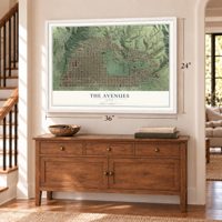 The Avenues, Utah map, 24 x 36 inch print in a white frame above a dresser by a staircase