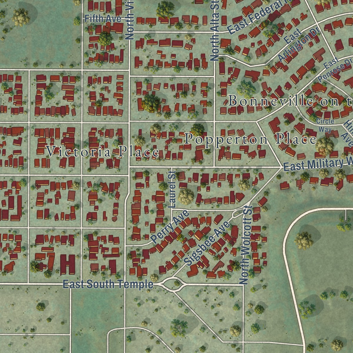 Second close-up of the map of The Avenues, Utah print showing more streets and buildings