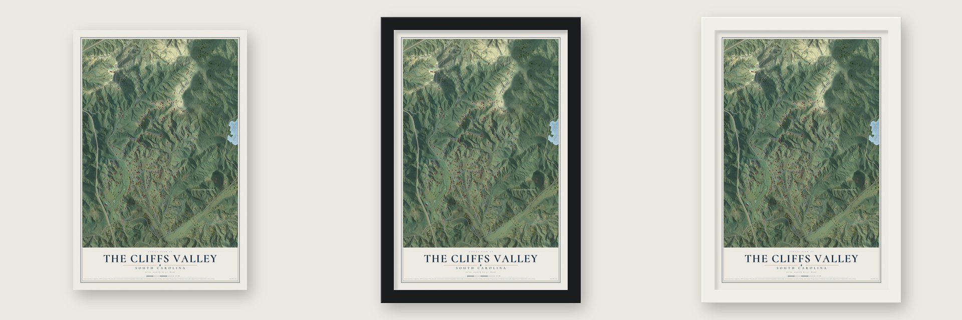The Cliffs Valley, South Carolina map unframed, in a black wood frame and in a white wood frame
