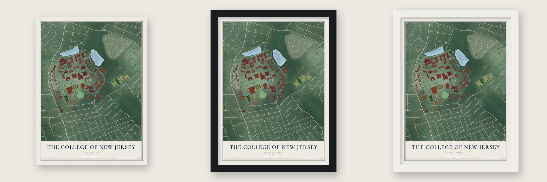 The College of New Jersey, New Jersey map unframed, in a black wood frame and in a white wood frame