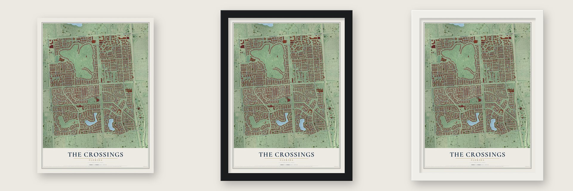 The Crossings, Florida map unframed, in a black wood frame and in a white wood frame