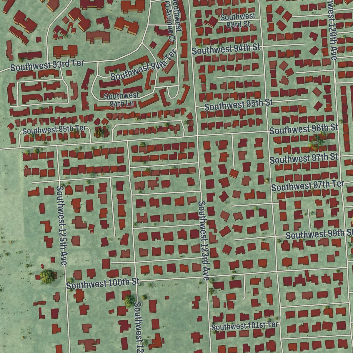 Second close-up of the map of The Crossings, Florida print showing more streets and buildings