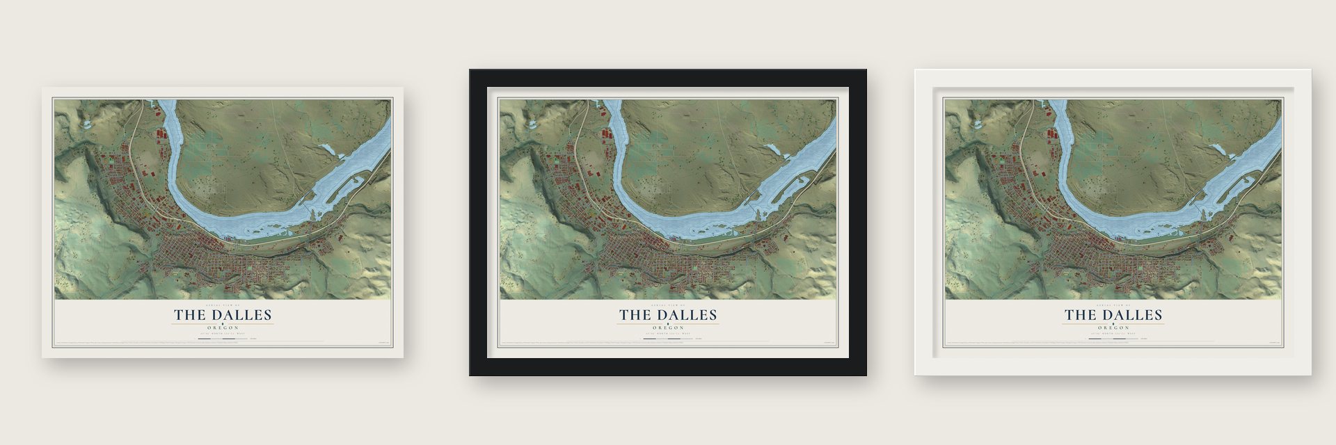 The Dalles, Oregon map unframed, in a black wood frame and in a white wood frame