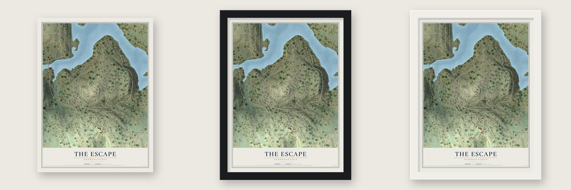 The Escape, Pennsylvania map unframed, in a black wood frame and in a white wood frame