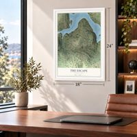 The Escape, Pennsylvania map, 18 x 24 inch print in a white frame in a home office