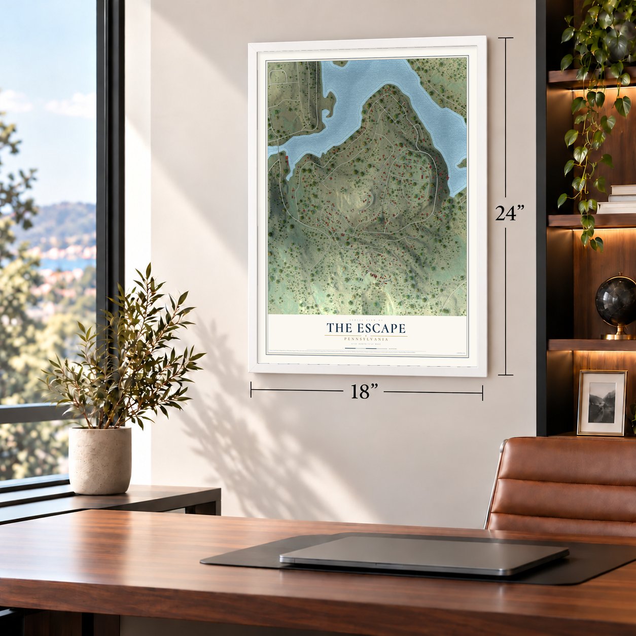 The Escape, Pennsylvania map, 18 x 24 inch print in a white frame in a home office