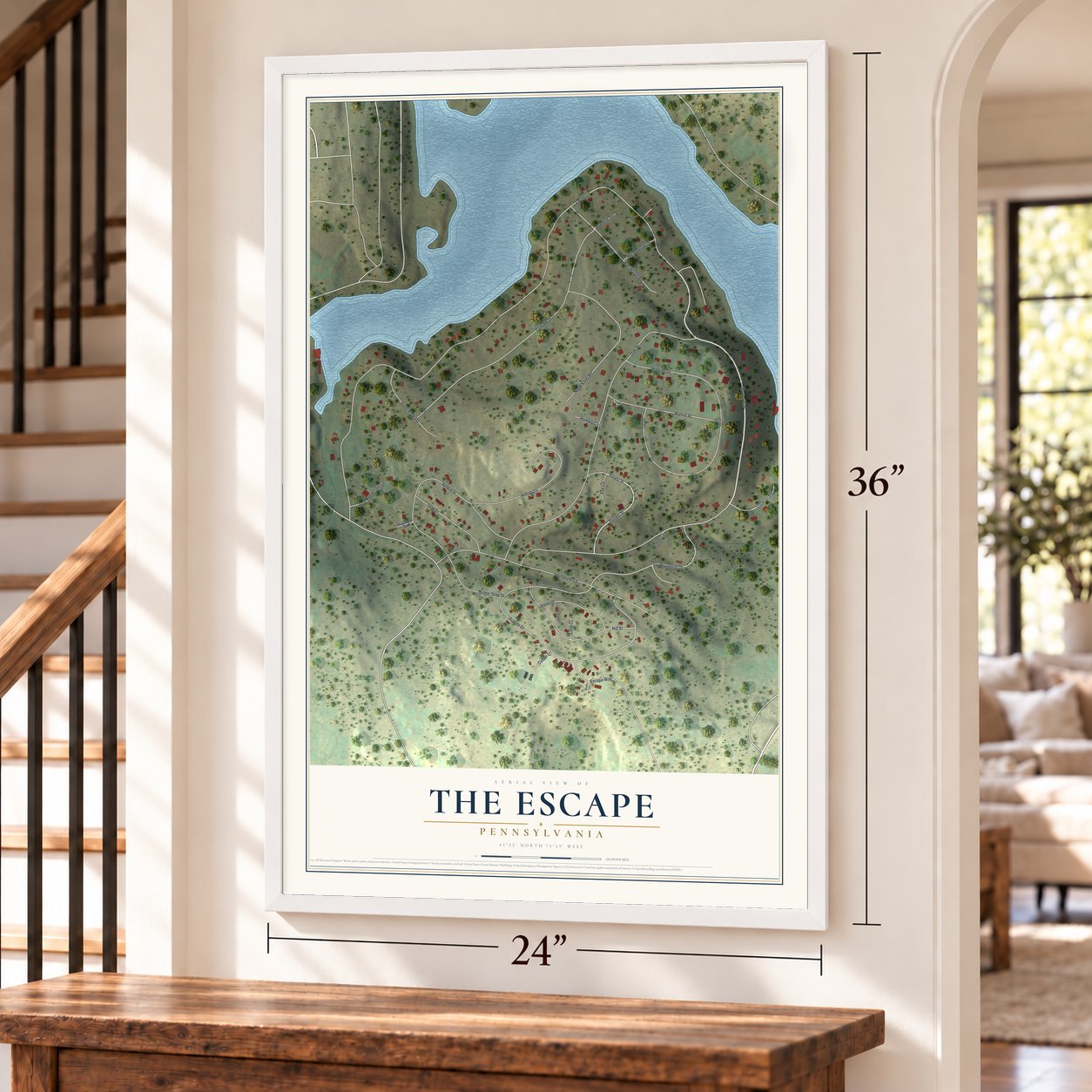The Escape, Pennsylvania map, 24 x 36 inch print in a white frame by a staircase