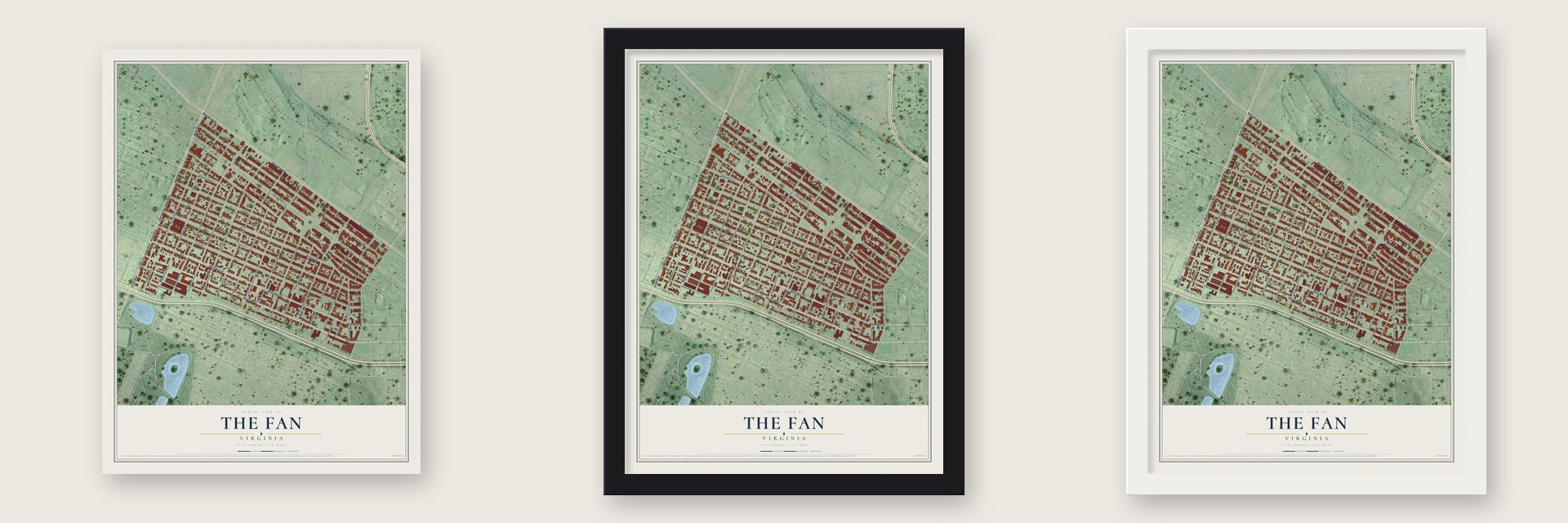 The Fan, Virginia map unframed, in a black wood frame and in a white wood frame