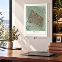 The Fan, Virginia map, 18 x 24 inch print in a white frame in a home office