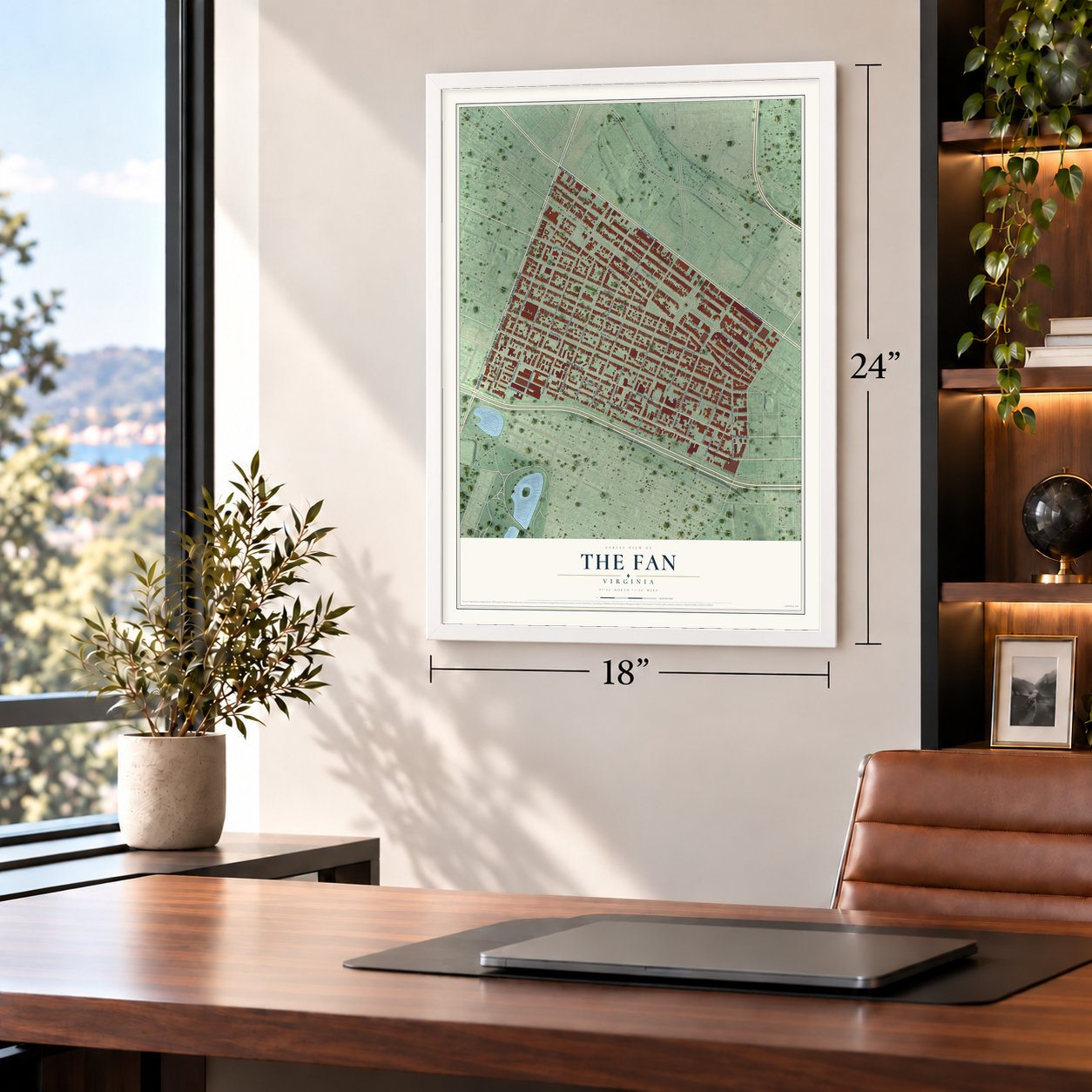 The Fan, Virginia map, 18 x 24 inch print in a white frame in a home office