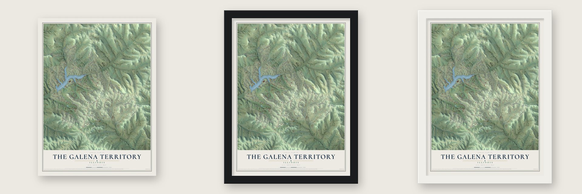 The Galena Territory, Illinois map unframed, in a black wood frame and in a white wood frame