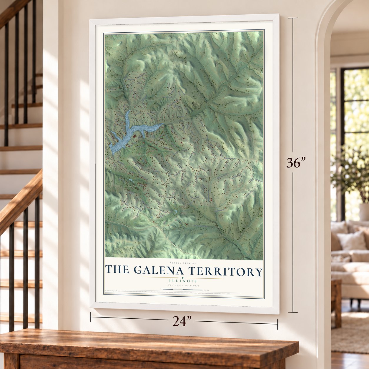 The Galena Territory, Illinois map, 24 x 36 inch print in a white frame by a staircase