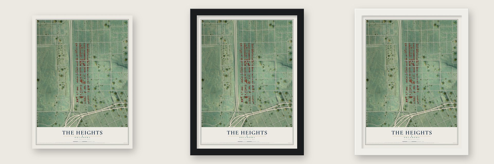 The Heights, Oklahoma map unframed, in a black wood frame and in a white wood frame