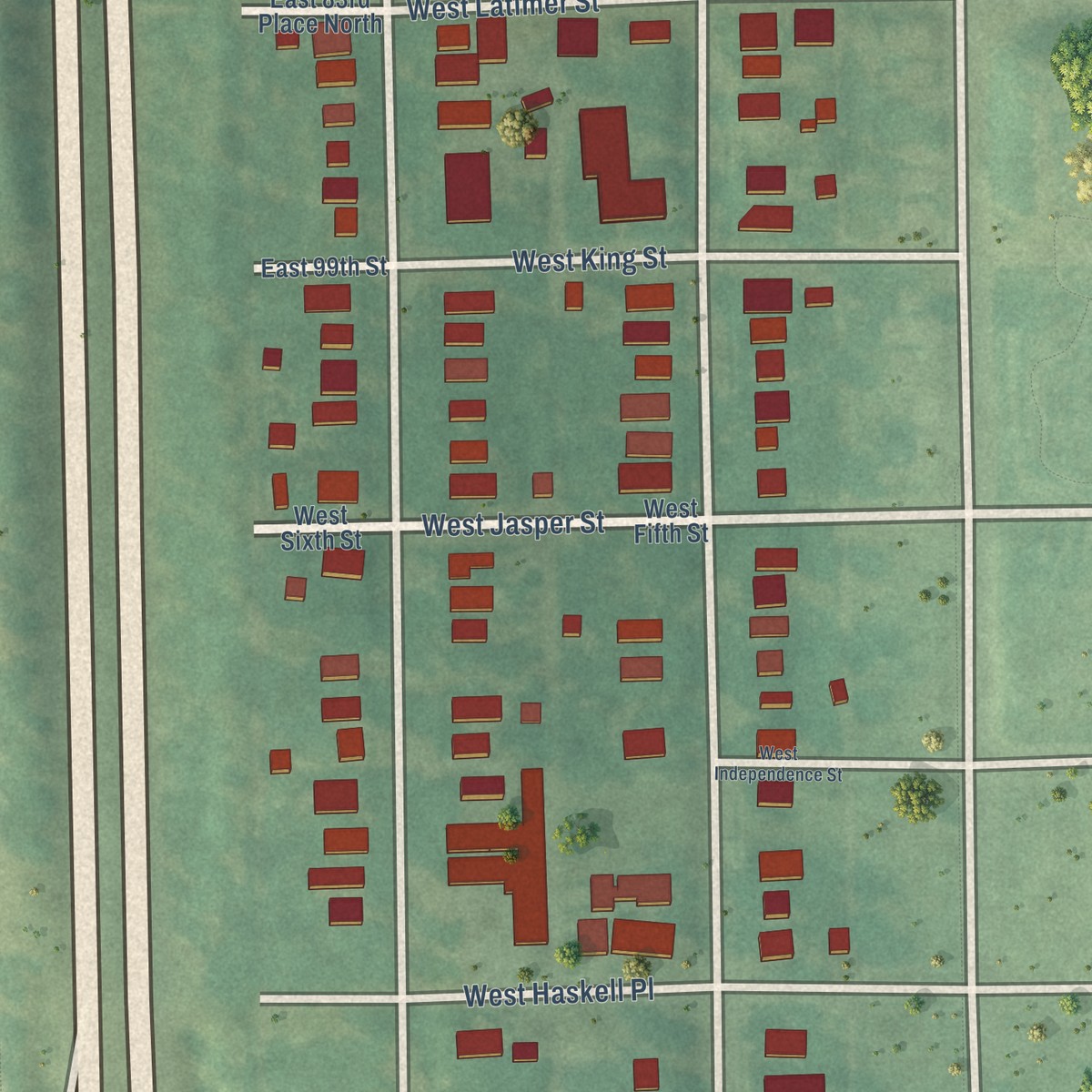 Second close-up of the map of The Heights, Oklahoma print showing more streets and buildings