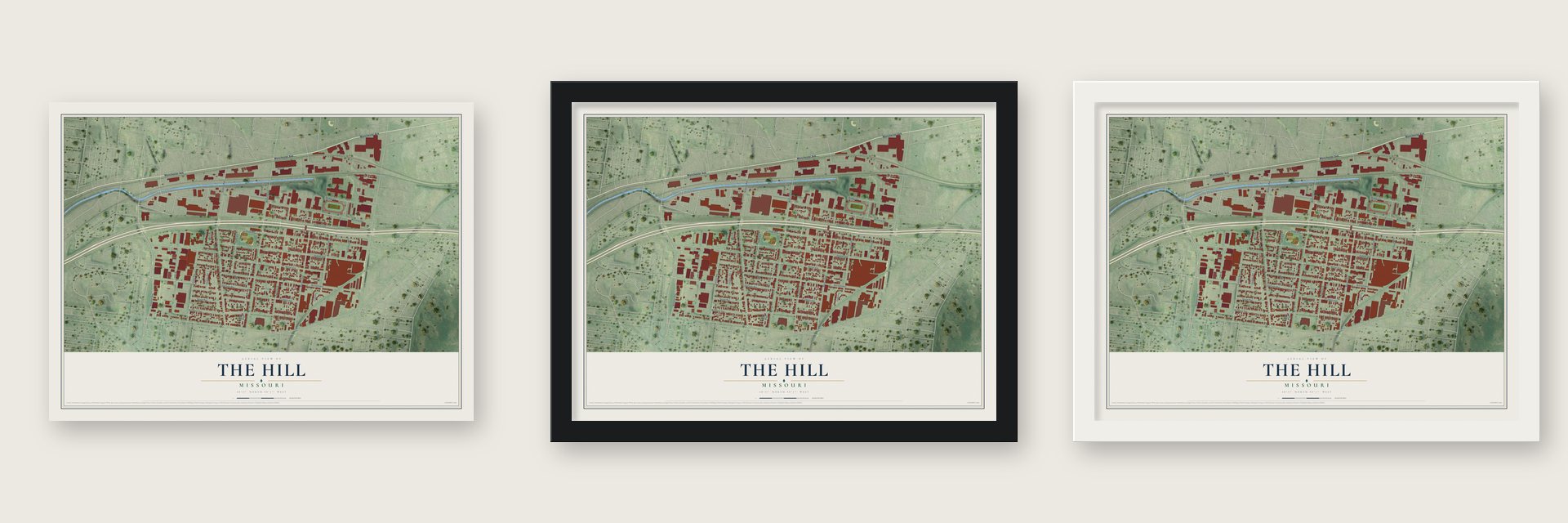 The Hill, Missouri map unframed, in a black wood frame and in a white wood frame