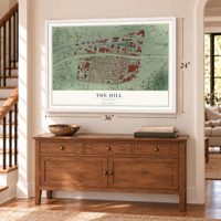 The Hill, Missouri map, 24 x 36 inch print in a white frame above a dresser by a staircase