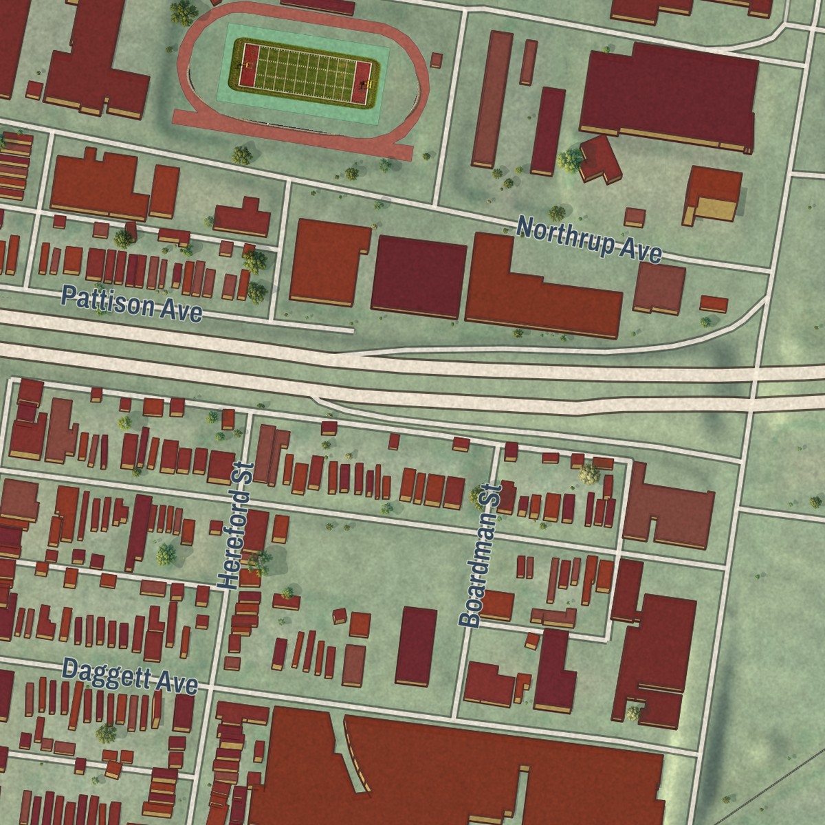 Second close-up of the map of The Hill, Missouri print showing more streets and buildings