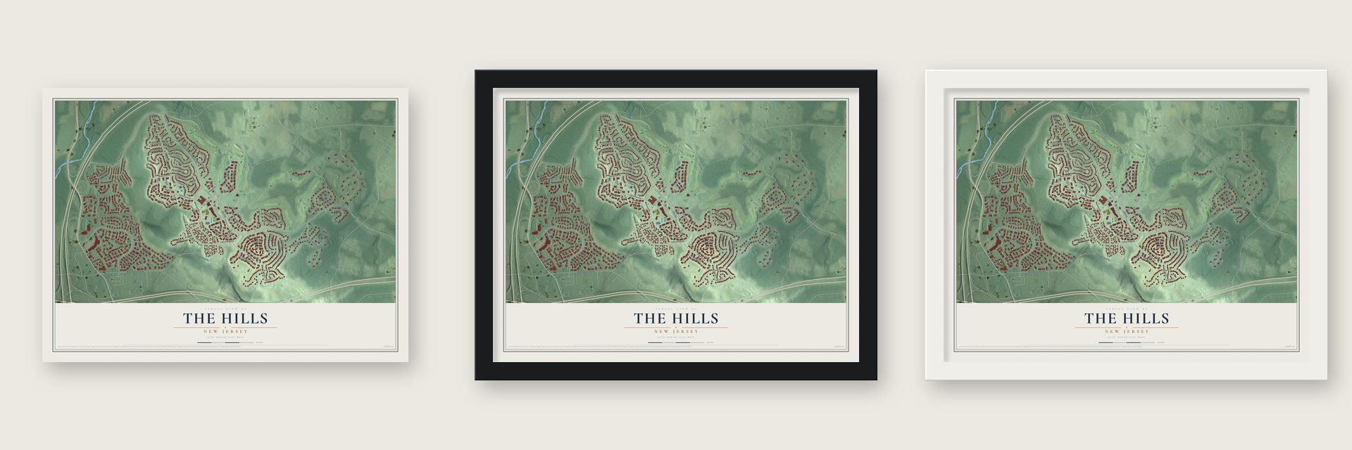 The Hills, New Jersey map unframed, in a black wood frame and in a white wood frame