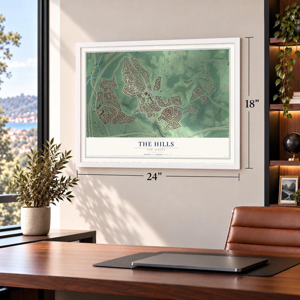 The Hills, New Jersey map, 18 x 24 inch print in a white frame in a home office