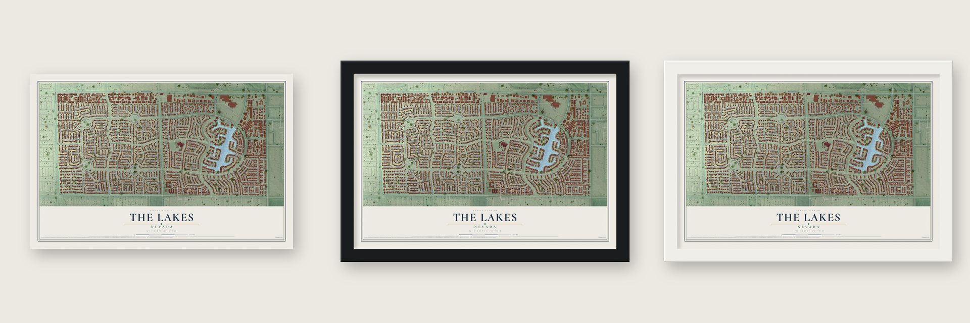 The Lakes, Nevada map unframed, in a black wood frame and in a white wood frame