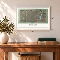 The Lakes, Nevada map, 12 x 18 inch print in a white frame in an entryway