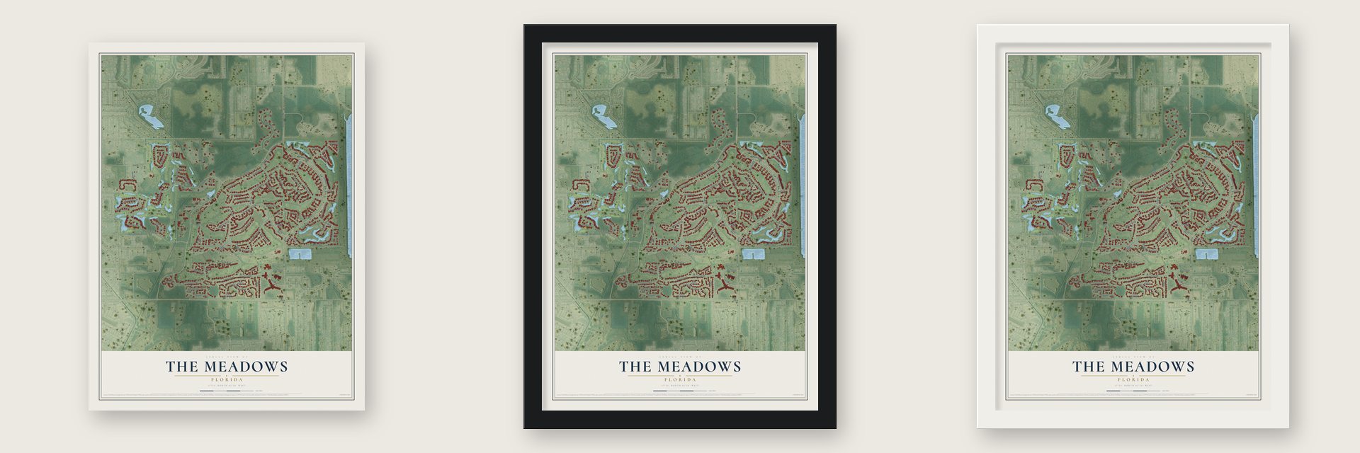 The Meadows, Florida map unframed, in a black wood frame and in a white wood frame