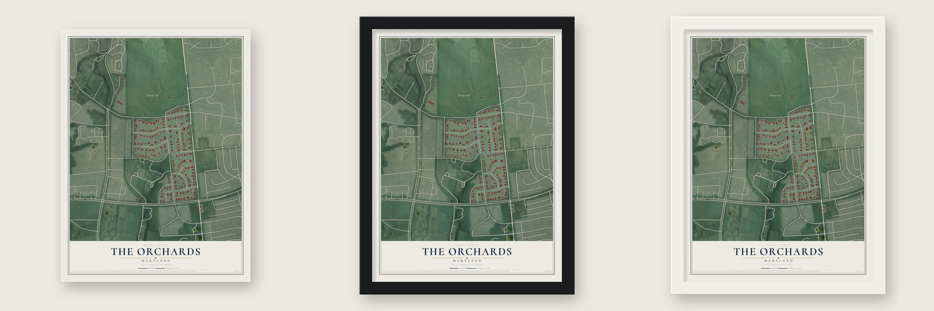 The Orchards, Maryland map unframed, in a black wood frame and in a white wood frame