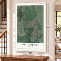 The Orchards, Maryland map, 24 x 36 inch print in a white frame by a staircase