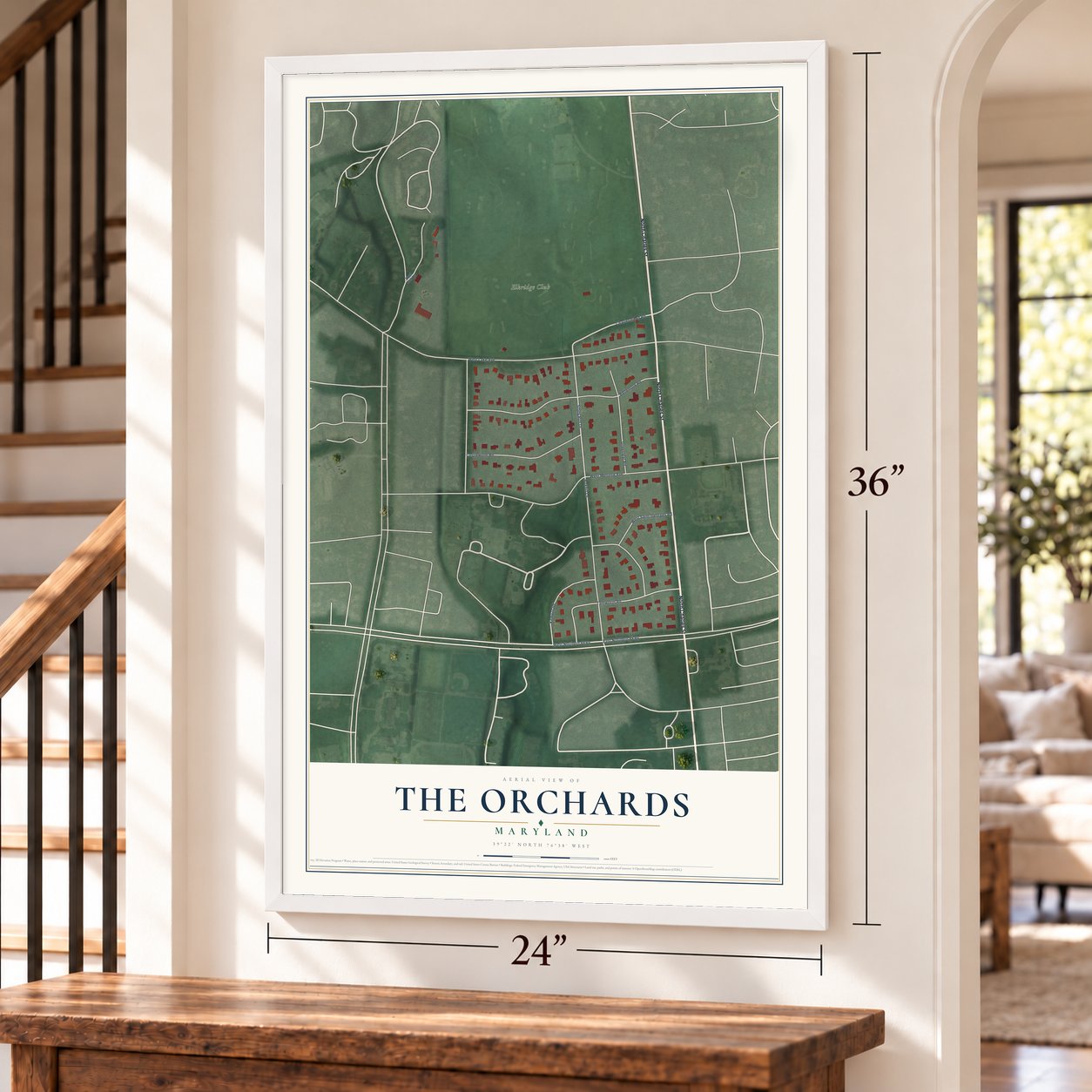 The Orchards, Maryland map, 24 x 36 inch print in a white frame by a staircase