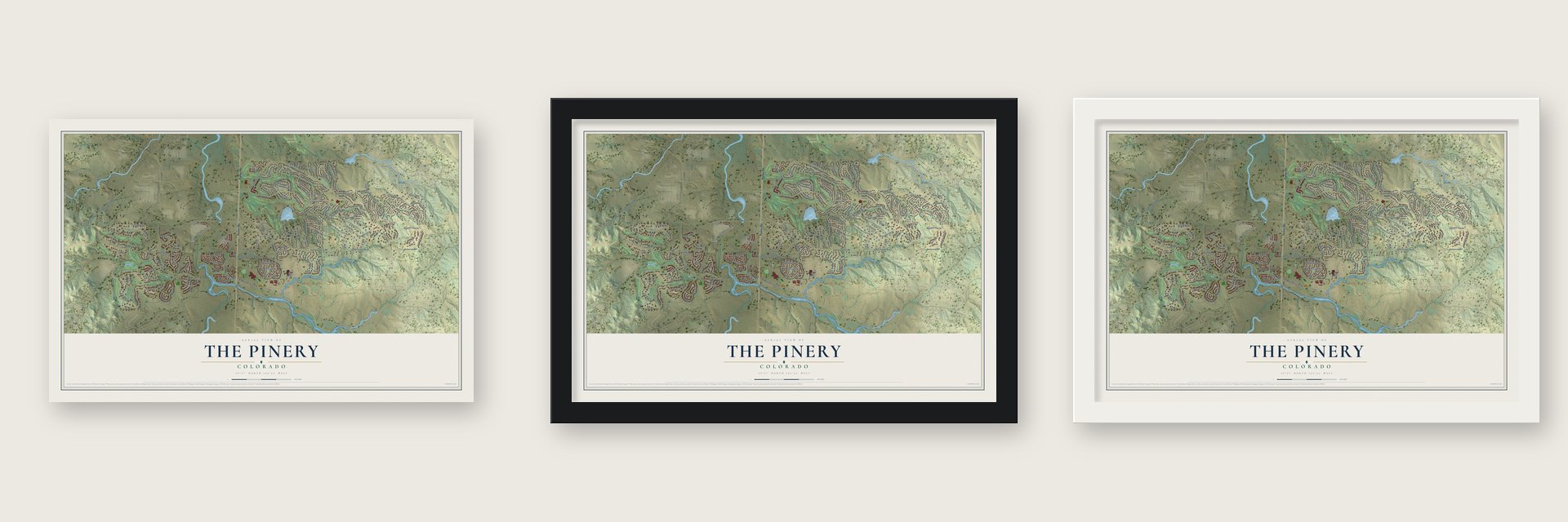 The Pinery, Colorado map unframed, in a black wood frame and in a white wood frame