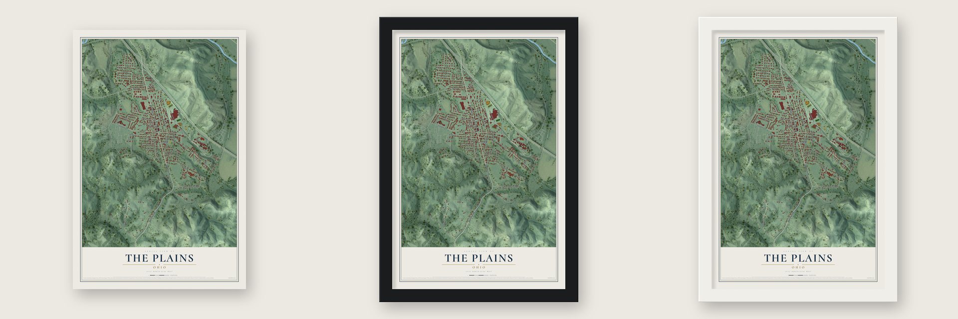 The Plains, Ohio map unframed, in a black wood frame and in a white wood frame