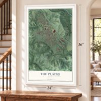 The Plains, Ohio map, 24 x 36 inch print in a white frame by a staircase