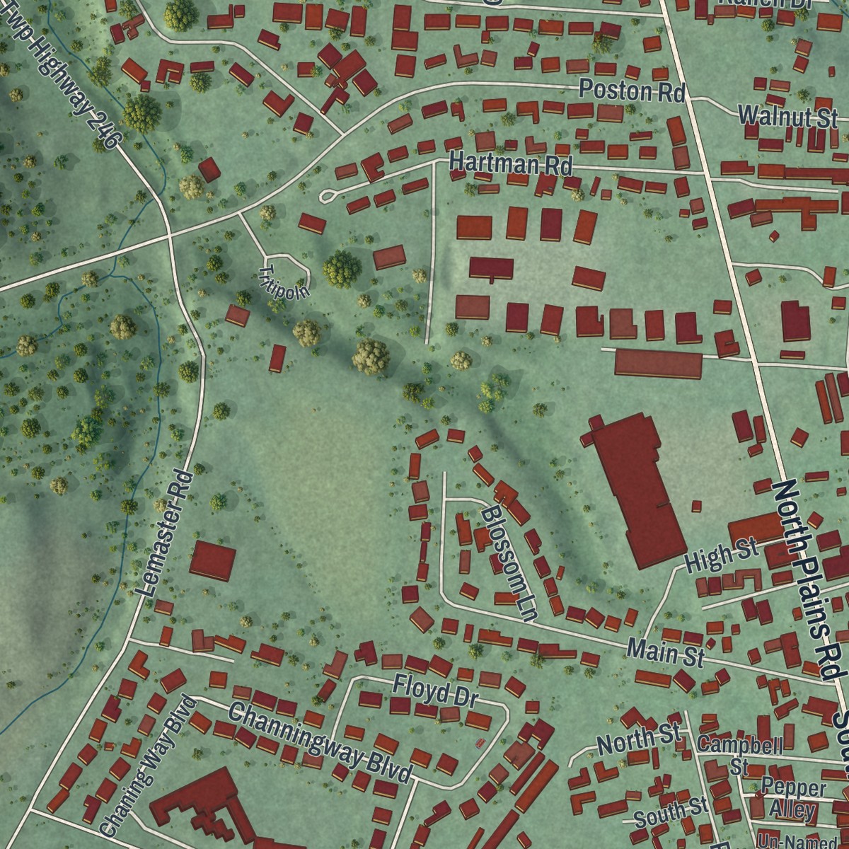 Second close-up of the map of The Plains, Ohio print showing more streets and buildings
