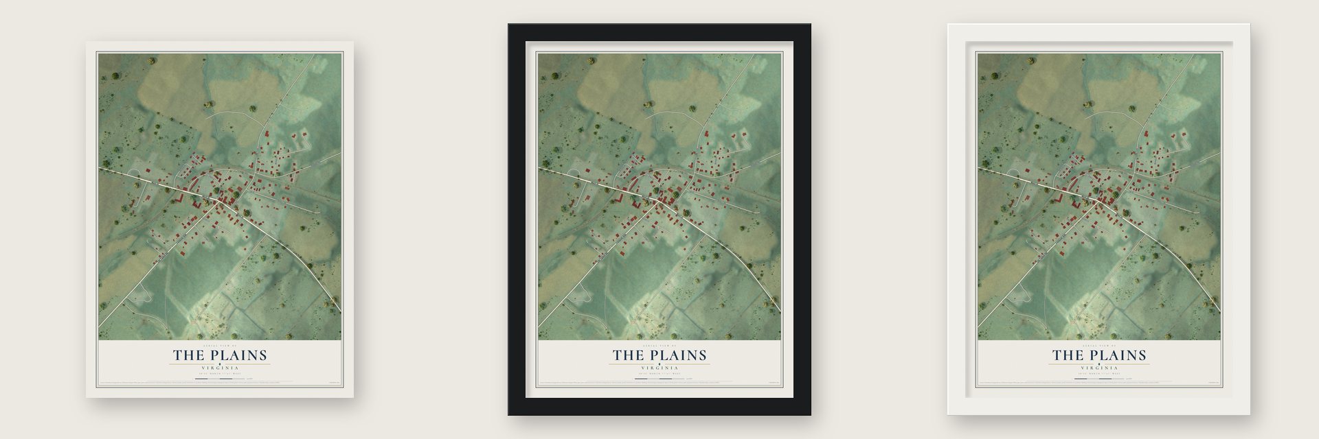 The Plains, Virginia map unframed, in a black wood frame and in a white wood frame