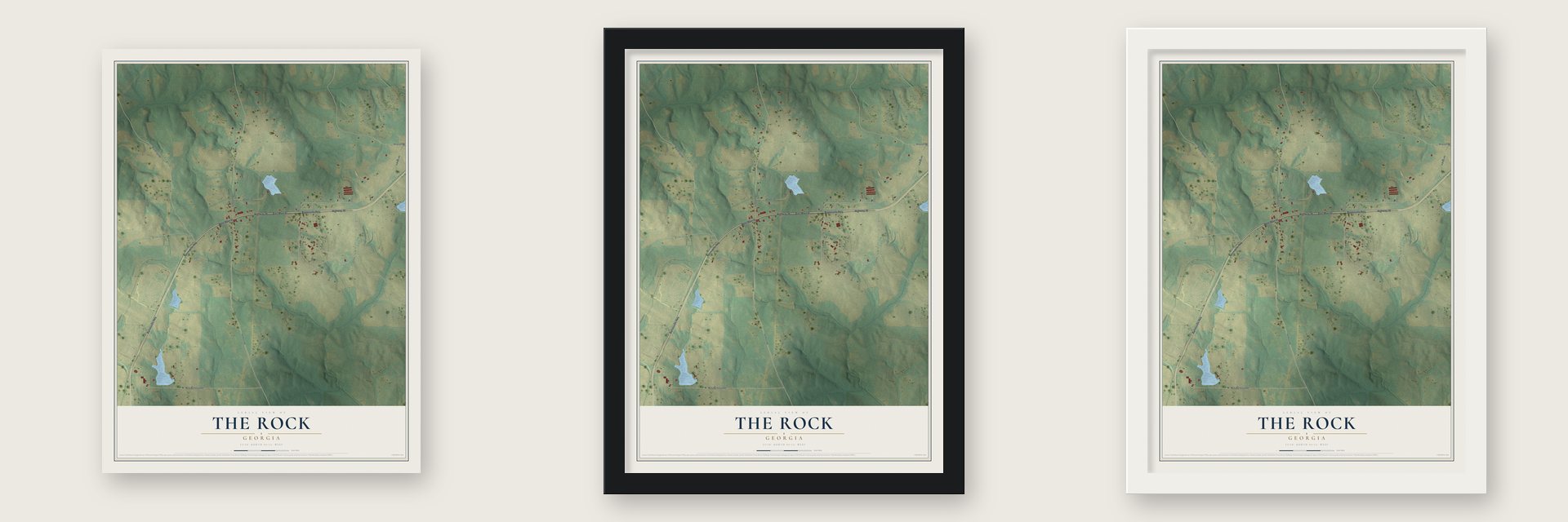 The Rock, Georgia map unframed, in a black wood frame and in a white wood frame