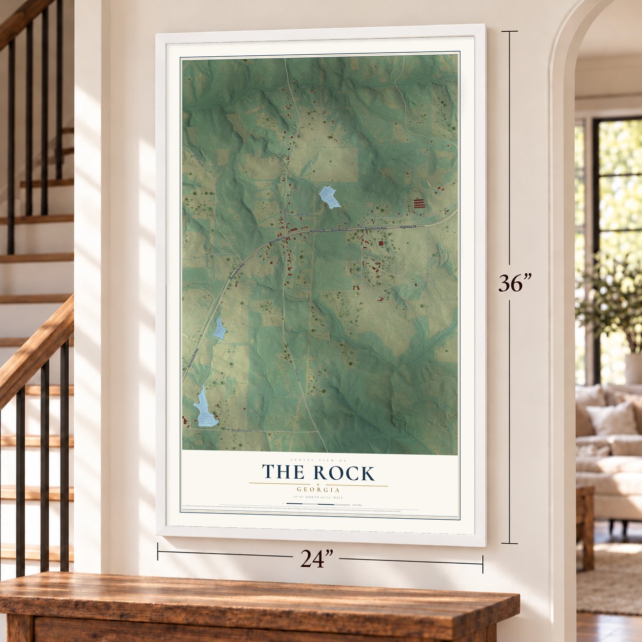 The Rock, Georgia map, 24 x 36 inch print in a white frame by a staircase