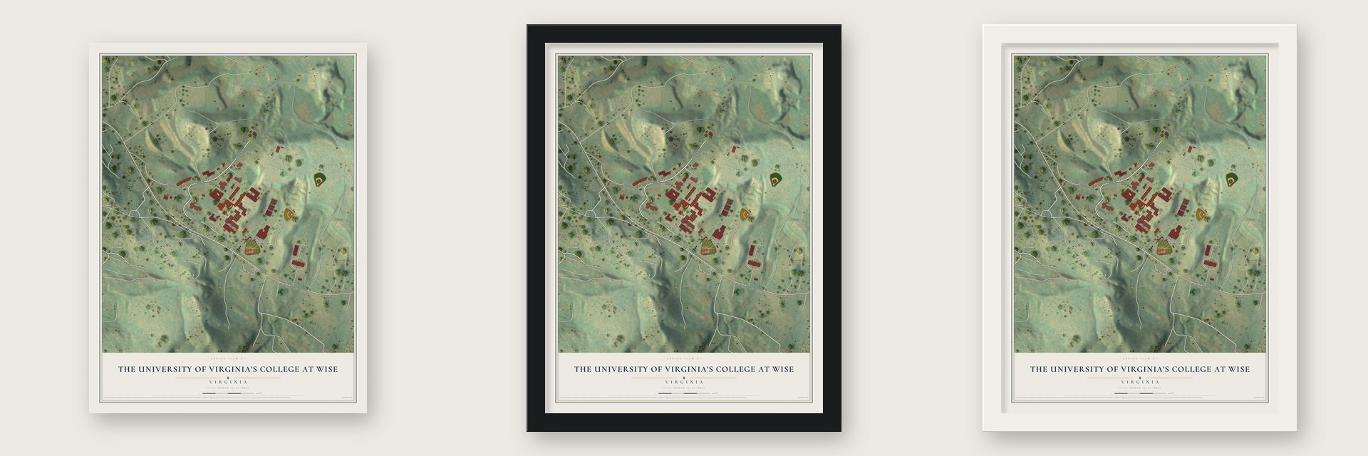 The University of Virginia's College at Wise, Virginia map unframed, in a black wood frame and in a white wood frame