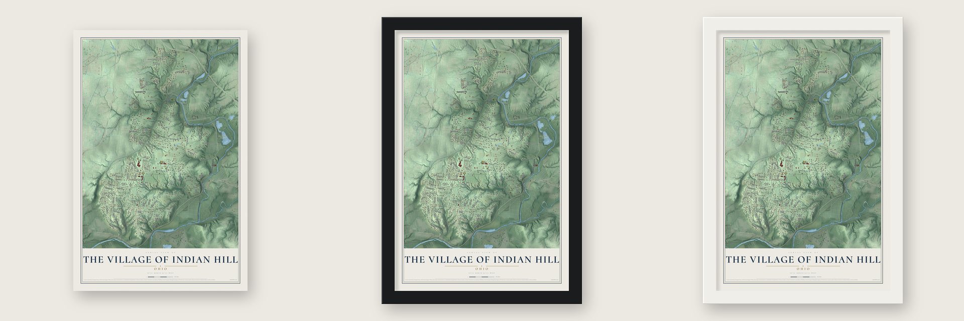 The Village of Indian Hill, Ohio map unframed, in a black wood frame and in a white wood frame