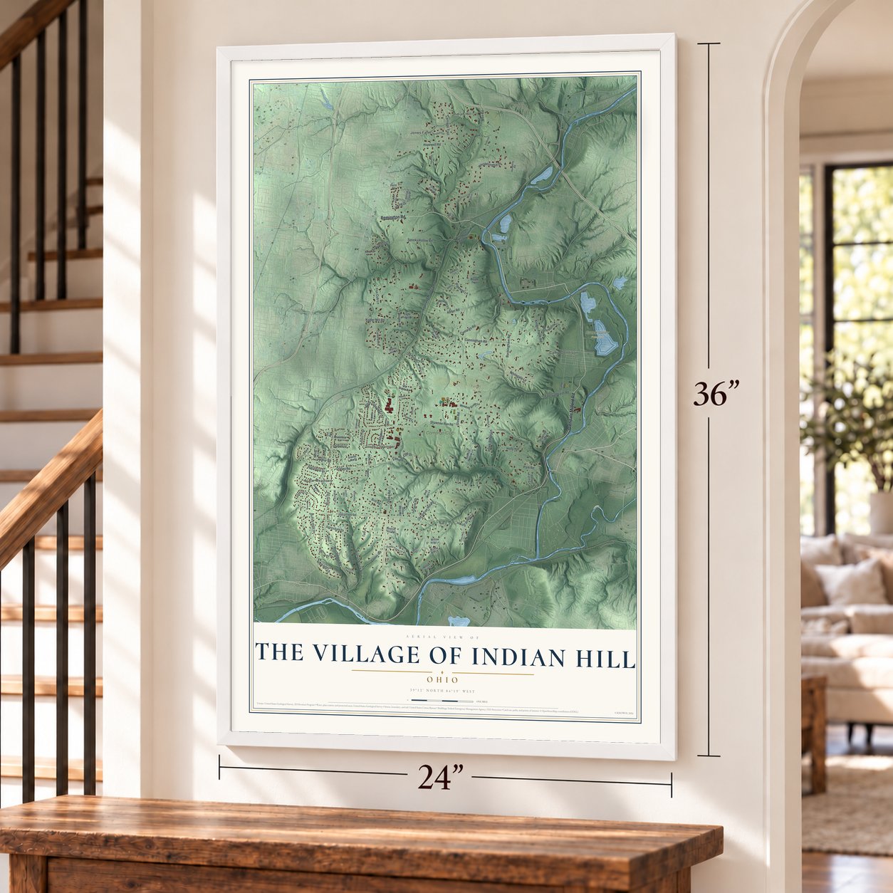 The Village of Indian Hill, Ohio map, 24 x 36 inch print in a white frame by a staircase