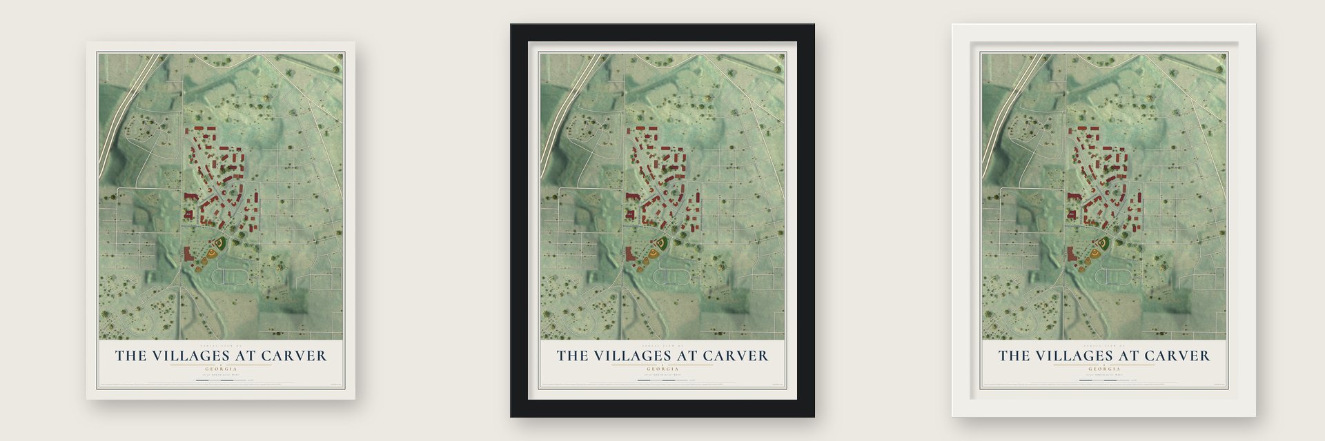 The Villages at Carver, Georgia map unframed, in a black wood frame and in a white wood frame
