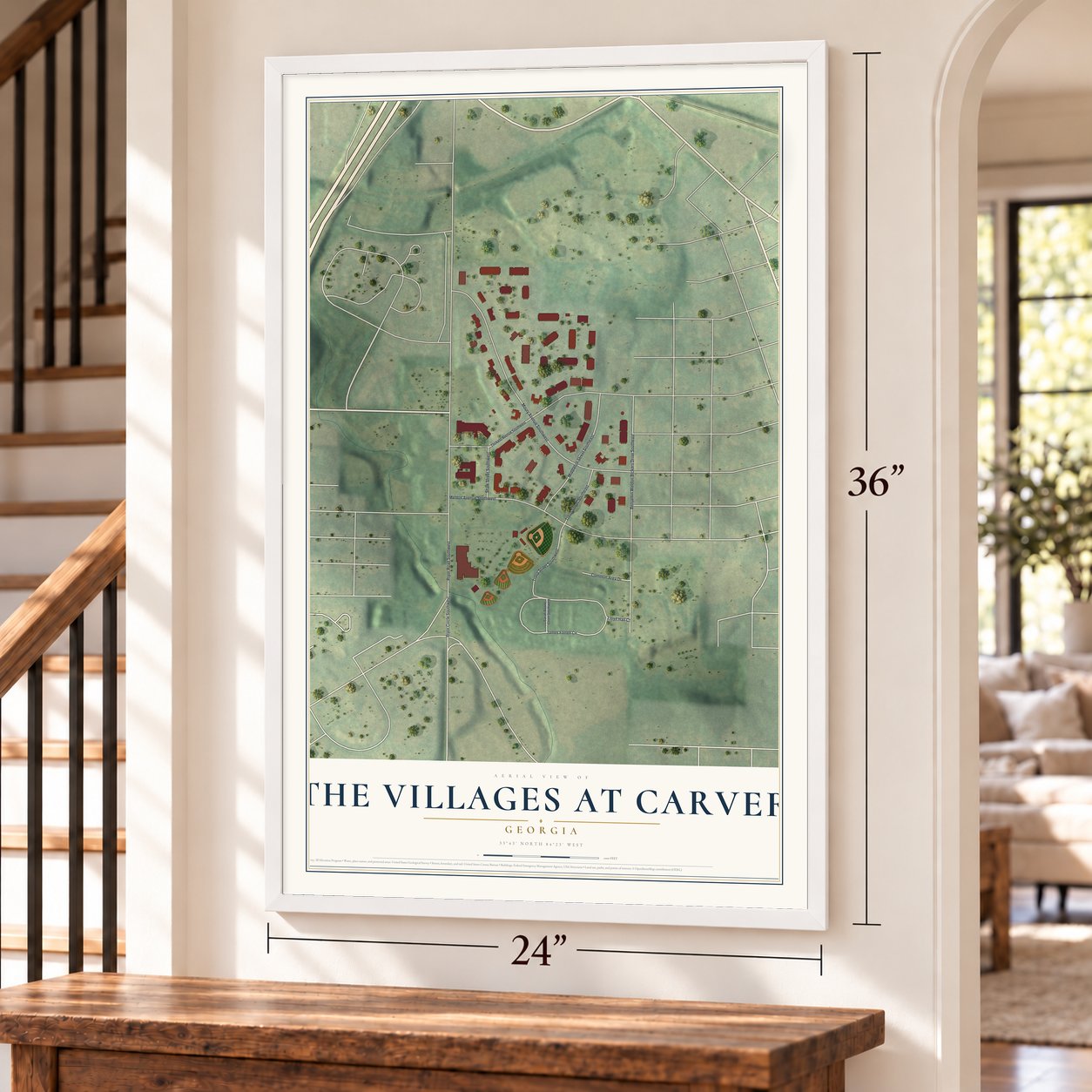 The Villages at Carver, Georgia map, 24 x 36 inch print in a white frame by a staircase