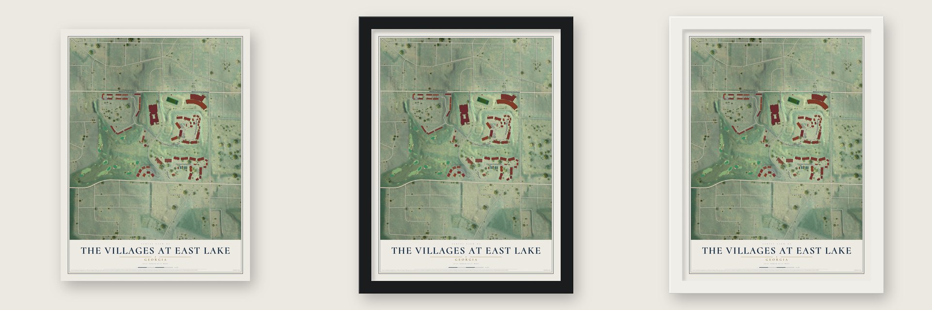 The Villages at East Lake, Georgia map unframed, in a black wood frame and in a white wood frame