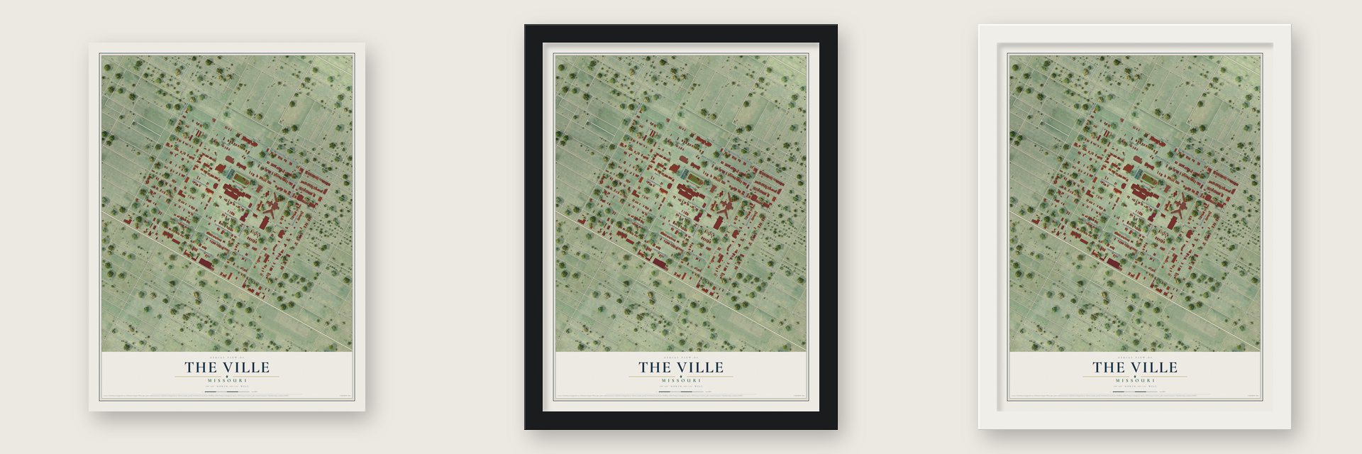 The Ville, Missouri map unframed, in a black wood frame and in a white wood frame