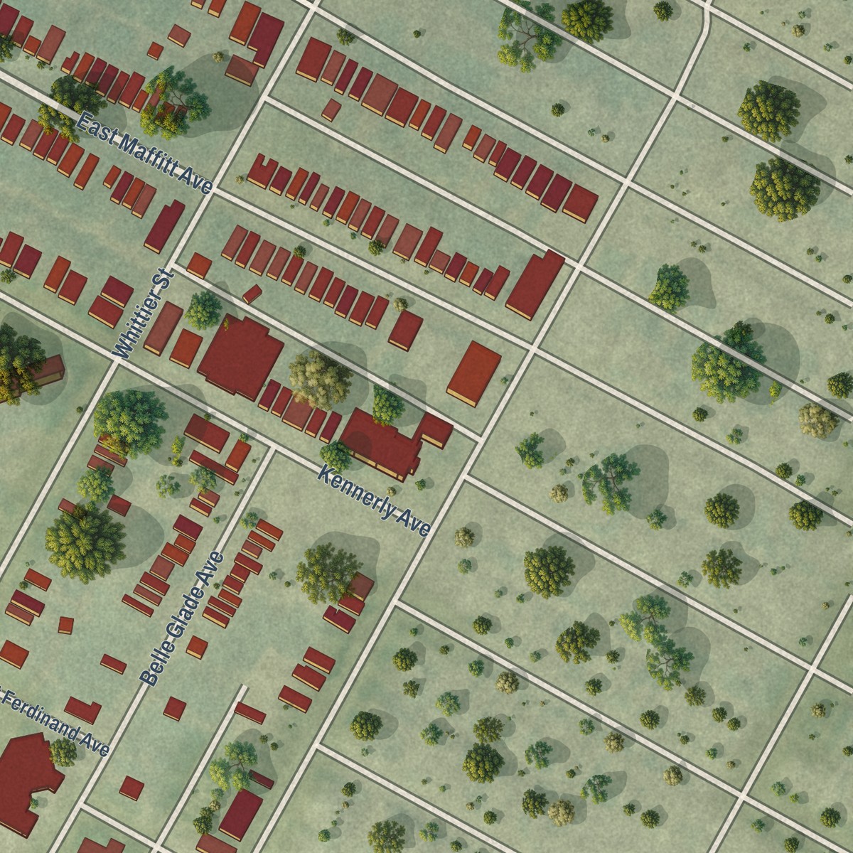 Second close-up of the map of The Ville, Missouri print showing more streets and buildings