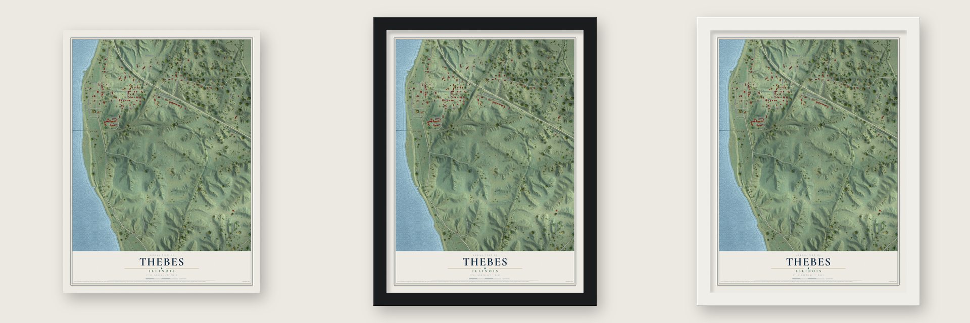 Thebes, Illinois map unframed, in a black wood frame and in a white wood frame
